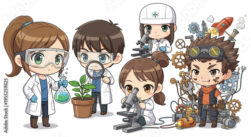 Cartoon Scientists in Laboratory.