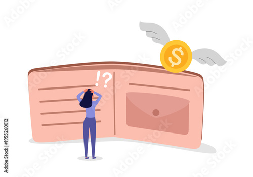 Poor broke woman worrying about empty wallet. Sad girl has no money. Financial problem, crisis, unemployment, poverty, bankruptcy flat vector character.