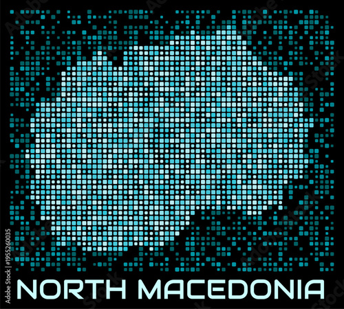 North Macedonia digital dotted map. Shape of the country in cyan color palette on dark background. Futuristic North Macedonia map design. Vector illustration.