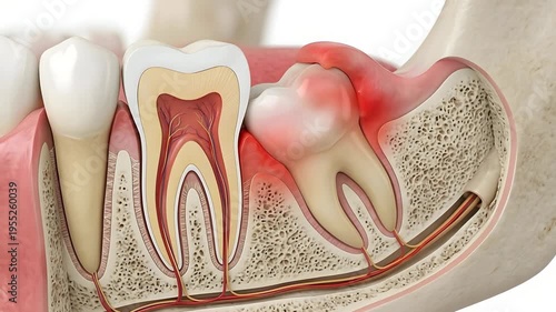 Anatomical Cross Section of a Human Jawbone Illustrating Impacted Wisdom Tooth Causing Inflammation and Pain in the Gums with Detailed Tooth