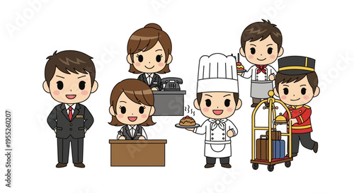 Hotel staff cartoon characters standing.