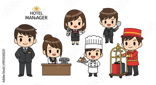 Hotel staff cartoon characters group.