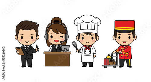 Cartoon hotel staff people.
