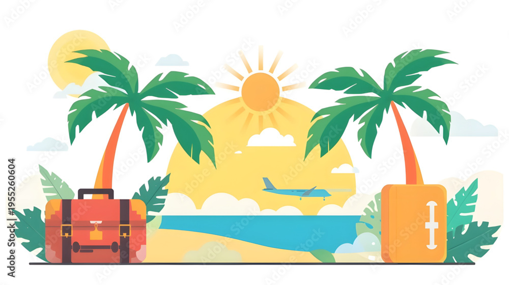 Obraz premium A serene tropical beach scene with palm trees, luggage, and a plane flying overhead at sunset.