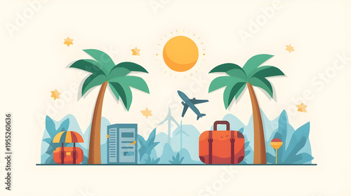 Travelers enjoy sunny vacation with palm trees and luggage at beachside resort.