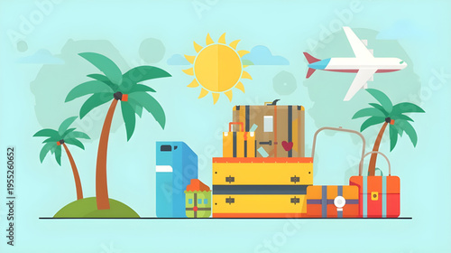 A plane flies over a tropical island with palm trees and stacked luggage under a sunny sky with 23.svg file reference