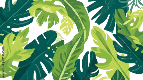 Vibrant tropical leaves sway gently in a lush jungle environment with various green foliage.