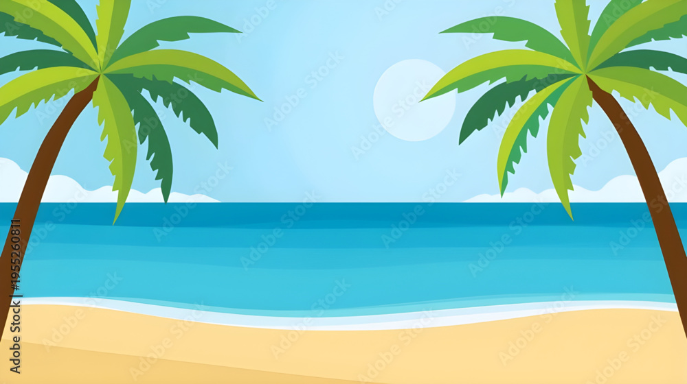 Obraz premium A serene beach scene with two palm trees standing on sandy shoreline overlooking calm ocean water under a partly cloudy sky with 33.svg reference