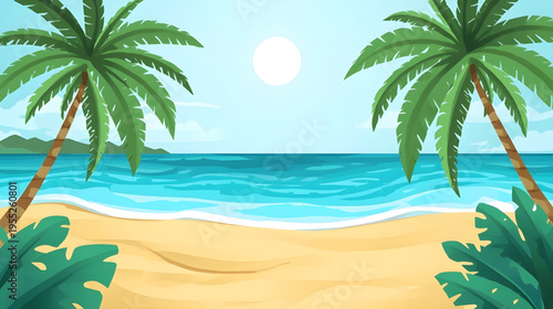 Tropical beach scene with palm trees standing on sandy shore by ocean