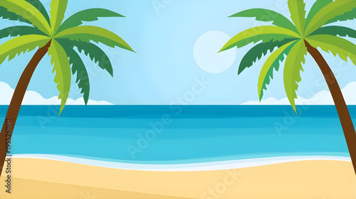A serene beach scene with two palm trees standing on sandy shoreline overlooking calm ocean water under a partly cloudy sky with 33.svg reference