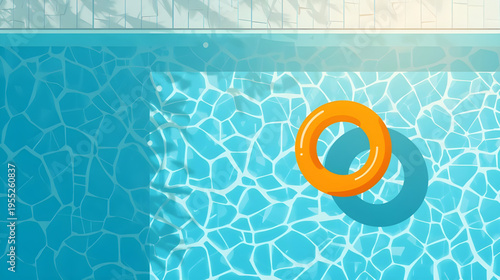 A serene poolside scene with a vibrant orange inflatable ring floating on the cracked blue surface of a swimming pool on a sunny day.