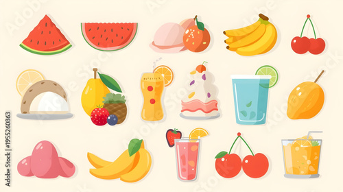 Colorful illustration of various fruits and desserts on a table indoors