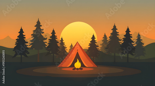 Camping scene with tent and campfire at sunset in a forest