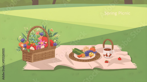 A serene spring picnic scene unfolds on a lush green lawn with a wicker basket, colorful flowers, and a delicious spread of food on a blanket.