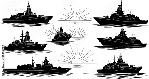 Modern Navy Stealth Frigate Sailing at Sunrise, Advanced Maritime Defense Warship in Open Ocean