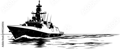 Modern Navy Stealth Frigate Sailing at Sunrise, Advanced Maritime Defense Warship in Open Ocean