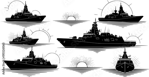 Modern Navy Stealth Frigate Sailing at Sunrise, Advanced Maritime Defense Warship in Open Ocean