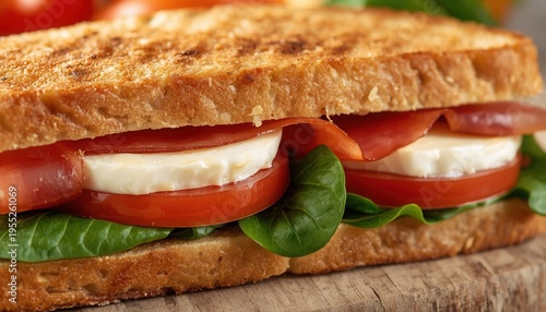 Wallpaper Mural Sandwich Delight: A mouthwatering sandwich features perfectly toasted bread embracing layers of fresh tomato, creamy mozzarella, savory prosciutto and crisp spinach on a rustic wooden surface.  Torontodigital.ca