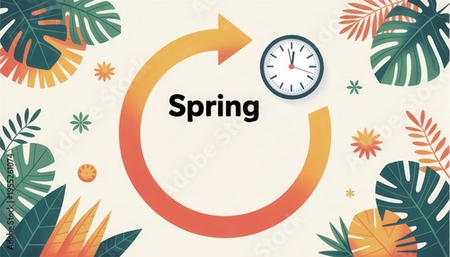 Wallpaper Mural Spring's Timeless Cycle: A vibrant illustration showcasing the cyclical nature of spring, with a clock encircled by a looping arrow and adorned with botanical elements. Torontodigital.ca