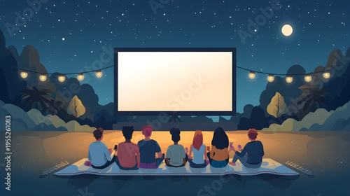 People watch movie on screen outdoors at night under stars and moonlight
