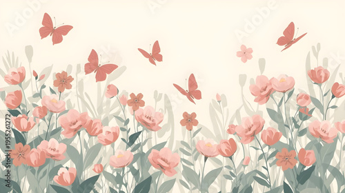 Vibrant butterflies flutter around blooming flowers in a serene natural landscape.