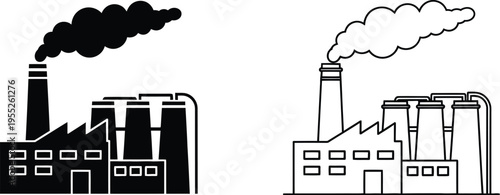 Industrial factory buildings with smoke stacks pollution isolated on transparent background, Vector