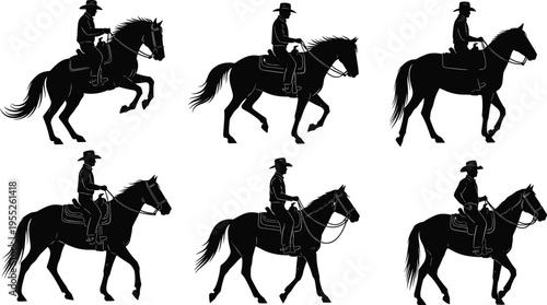 Vector illustration set of black cowboy silhouettes riding horses in various gaits and poses isolated on white background for western and equestrian design