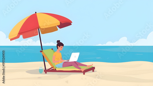 Woman relaxes on beach chair under colorful umbrella with laptop on sunny day