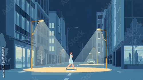 A person walks across a city street at night under illuminated street lamps.