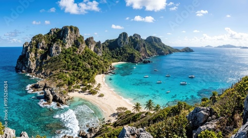 A stunning panoramic view showcases a tropical island paradise. Jagged limestone cliffs rise dramatically from the turquoise waters of a sheltered bay.