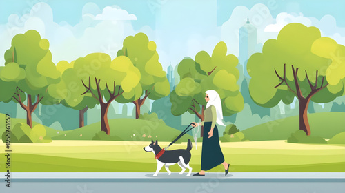 Woman walks dog on leash through city park with trees and skyscraper