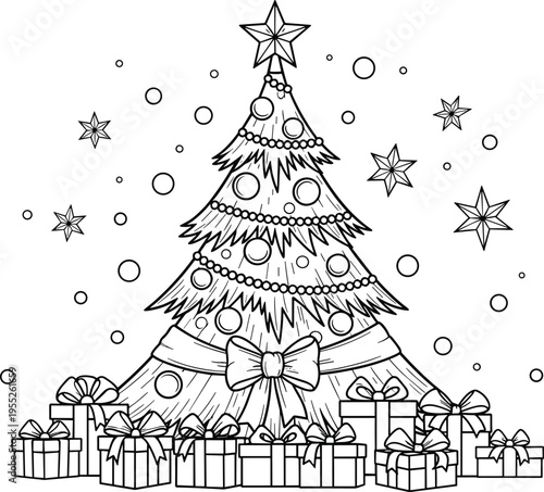 Black and white Christmas tree coloring page vector with festive ornaments star topper gift boxes and snowflakes for kids holiday activity and winter fun