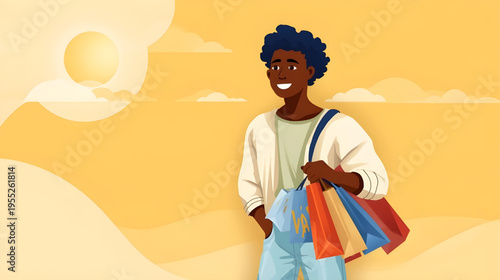 A smiling man with dark skin and curly hair holding colorful shopping bags in a desert landscape with sun and clouds.