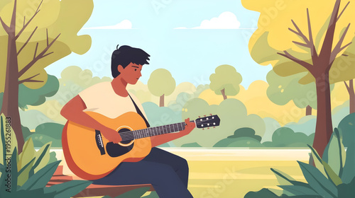 A man sits on a bench playing an acoustic guitar in a serene outdoor park setting surrounded by trees and greenery on a sunny day with 99.svg reference.