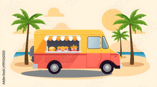 A colorful food truck is parked on a sandy beach beside palm trees.