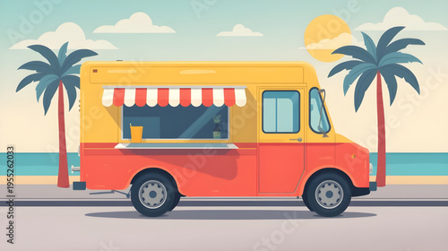 A colorful food truck is parked on a sunny beach road with palm trees.