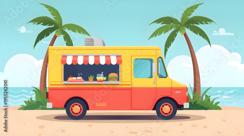 A colorful food truck is parked on a sandy beach between two palm trees.