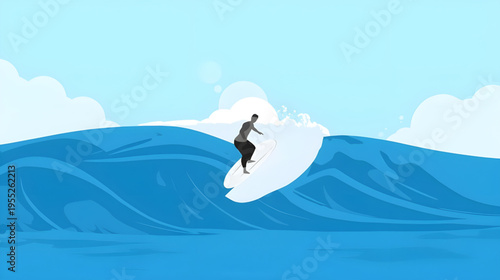 A surfer rides a wave on a sunny day at the beach with ocean water.