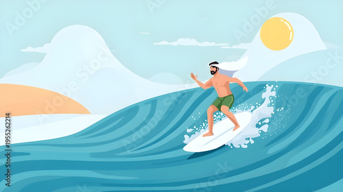 Man surfing on a wave with sun in the background on a sunny day outdoor
