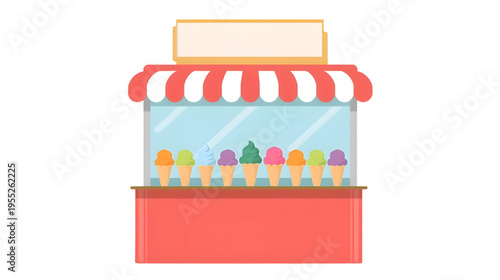 Colorful ice cream stand with striped awning outdoors on a sunny day