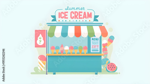 Summer ice cream vendor operates near colorful illustrations of treats