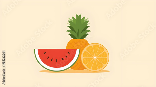 Fresh fruit arrangement with pineapple, watermelon and orange slices on a table indoors