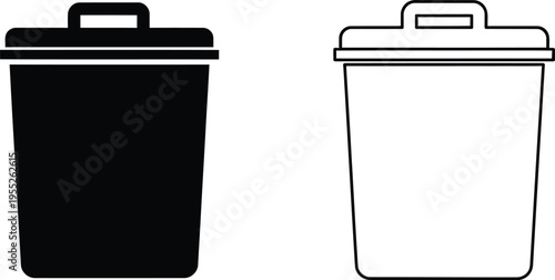 Trash can icons black and white line art isolated on transparent background, Vector