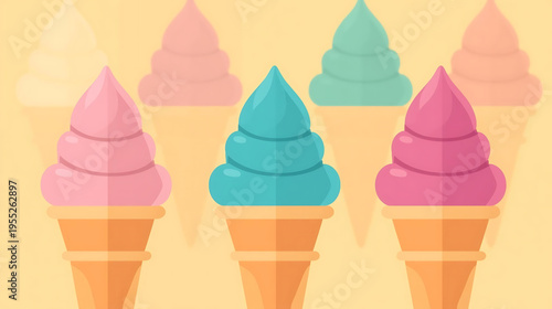 Colorful ice cream cones with multiple flavors on display outside