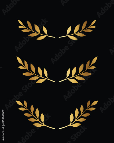 Golden leaf branches set motifs arc border frame underline top line black background collection. Each leaf cluster curves elegantly, creating balanced, symmetrical designs. Their metallic sheen evokes