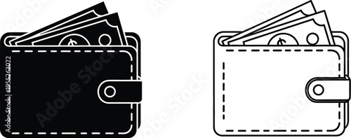 Wallet with money black and white icon isolated on transparent background, Vector