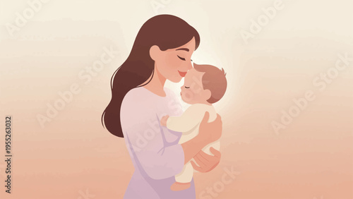 Vector illustration of mother holding baby, love and care