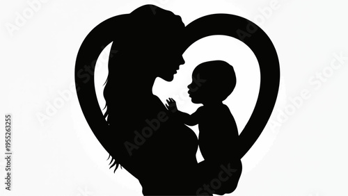 Black silhouette of mother and child in heart shape vector icon