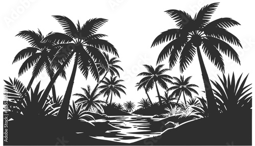 Detailed tropical jungle silhouette with palm trees and river landscape, summer vacation nature scene, isolated on transparent background, vector illustration