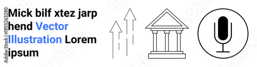 Progress, governance, communication, media, authority, and growth. Arrows indicate upward movement with a government building and microphone symbol. Progress and governance theme concept